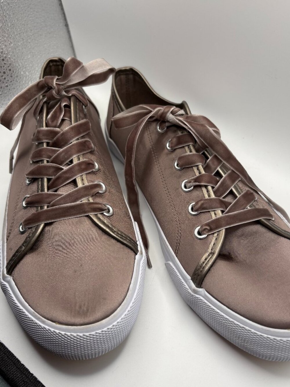 Y2K Metallic Bronze Satin Sneakers Velvet Ribbon Lace Balletcore Shoes 11
